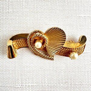 Vintage Marvella Gold Tone Heart Brooch With Faux Pearls 2" X 1"